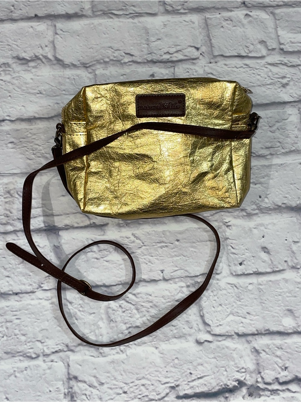 Natural Life Discontinued Shiny Gold Lame' Washable Paper Crossbody Bag